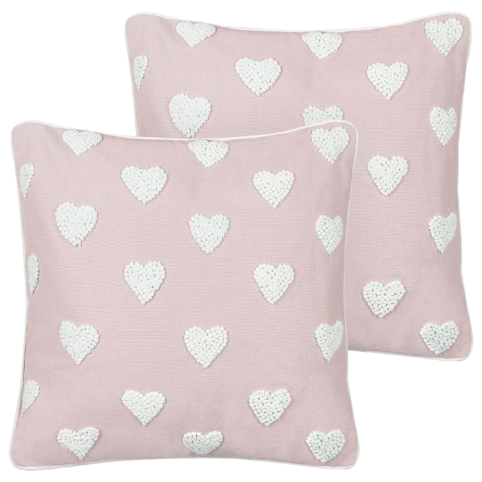 Set di 2 cuscini in cotone ricamati con motivo a cuoricini rosa 45 x 45 cm imbottiti morbidi