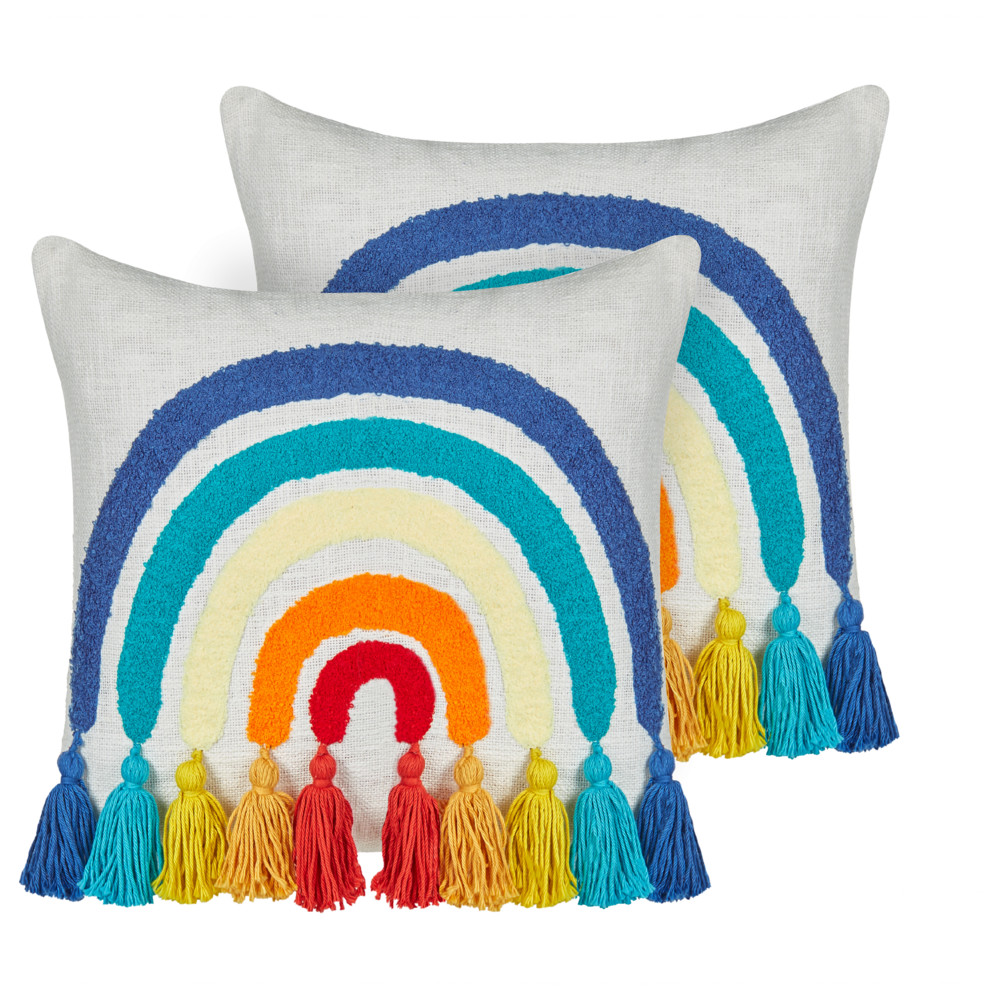 Set di 2 cuscini in cotone ricamato con motivo arcobaleno multicolore 45 x 45 cm cameretta camera da letto