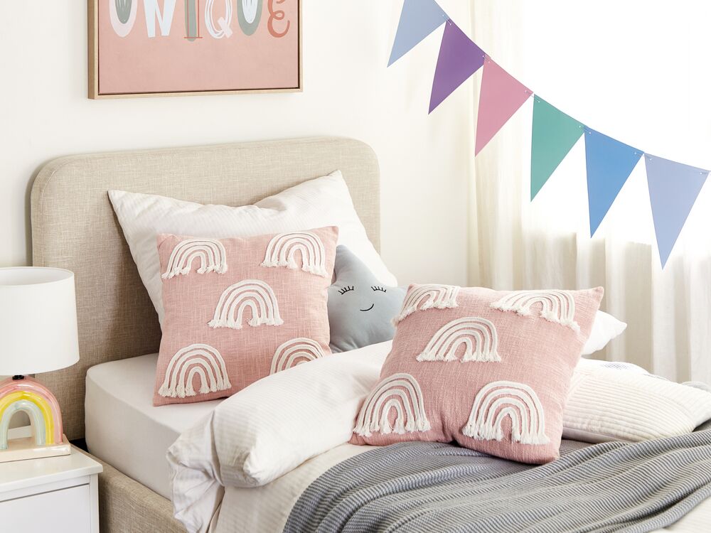 Set di 2 cuscini in cotone ricamato con motivo arcobaleno rosa 45 x 45 cm camera da letto cameretta