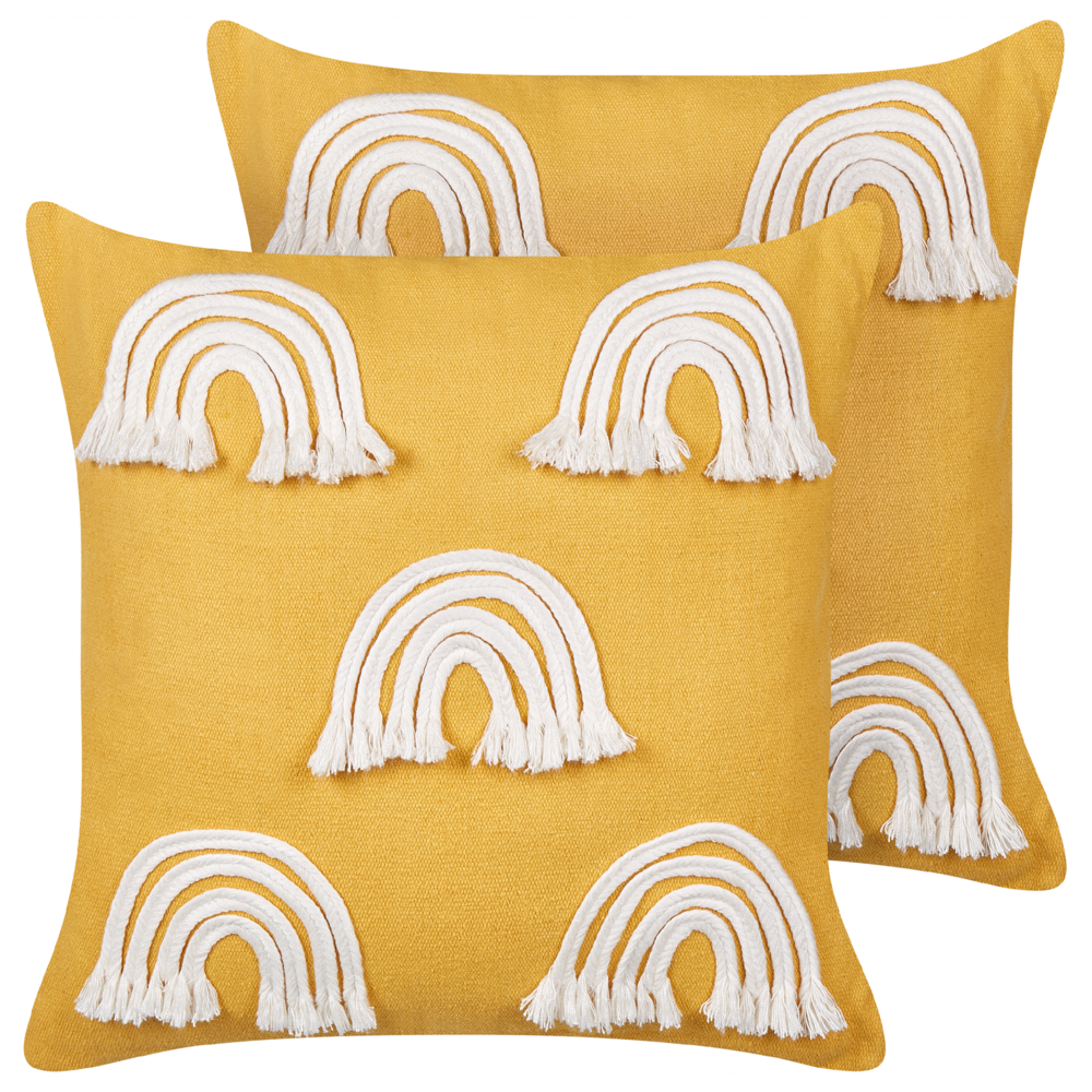 Set di 2 cuscini in cotone ricamato con motivo arcobaleno giallo 45 x 45 cm camera da letto cameretta