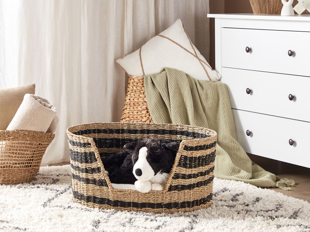 Cuccia per animali domestici in seagrass naturale nero 65 x 44 cm con cuscino in cotone per gatti e cani Boho