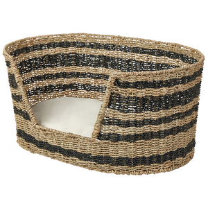 Cuccia per animali domestici in seagrass naturale nero 65 x 44 cm con cuscino in cotone per gatti e cani Boho