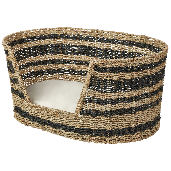 Cuccia per animali domestici in seagrass naturale nero 65 x 44 cm con cuscino in cotone per gatti e cani Boho