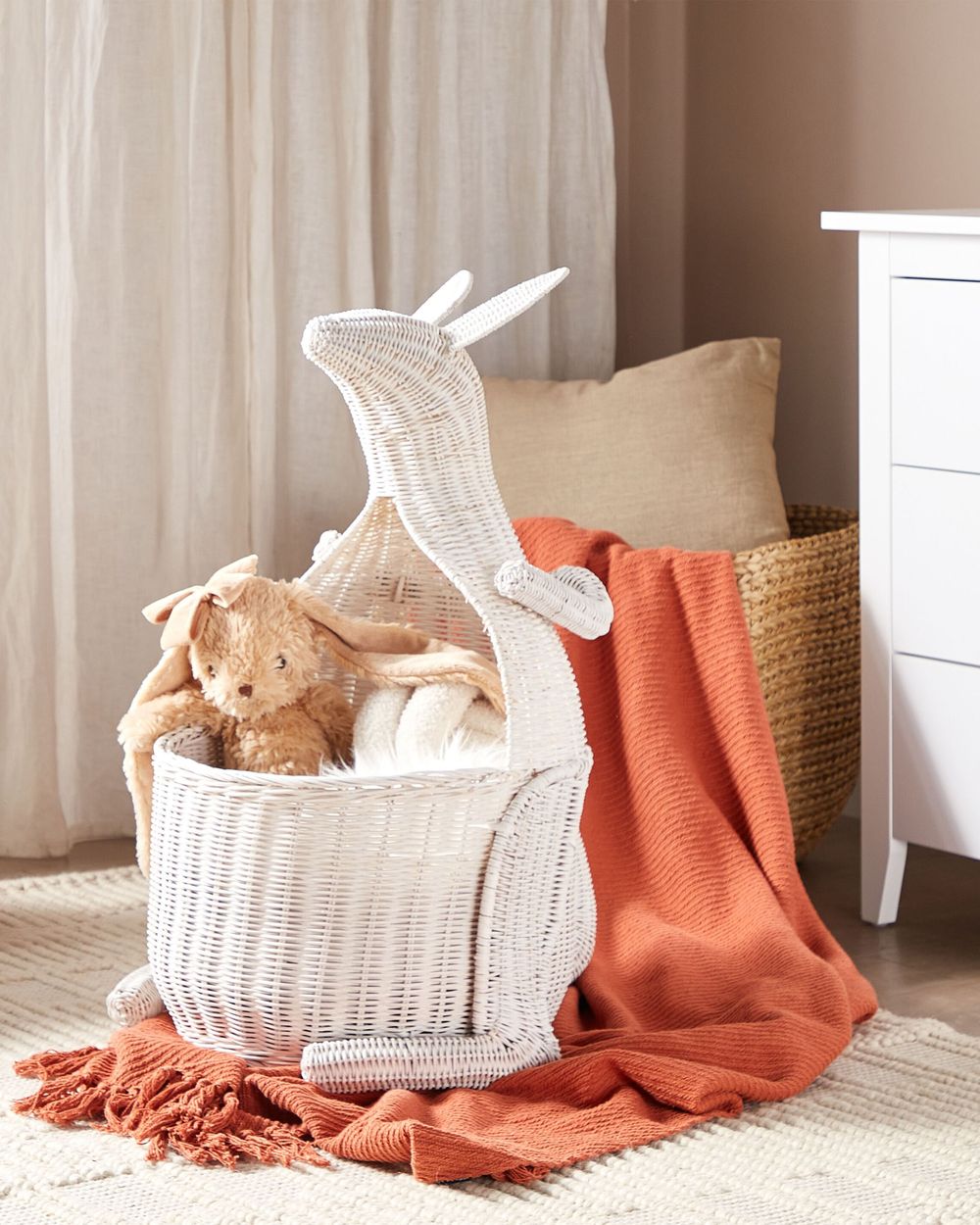 Cesto di vimini Kangaroo Cesto di giocattoli in rattan intrecciato bianco Accessorio per la camera del bambino