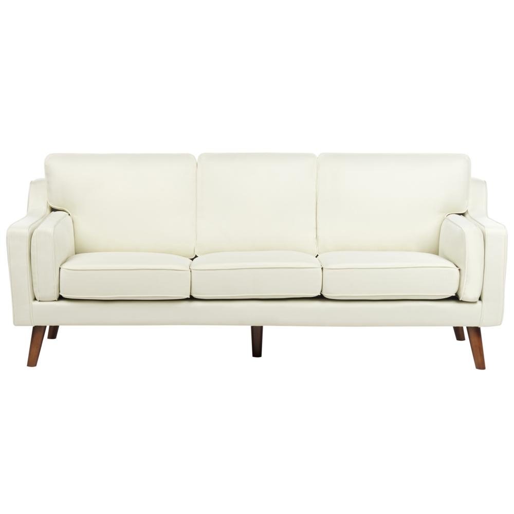 Divano moderno a 3 posti imbottito in tessuto bianco sporco e gambe in legno stile classico e moderno