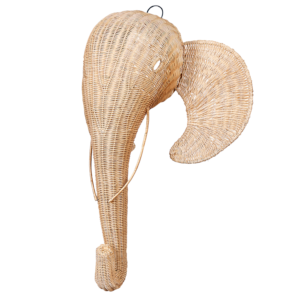Decorazione da parete per bambini a forma di testa di elefante in rattan chiaro fatto a mano boho rattan accessorio stile industriale moderno