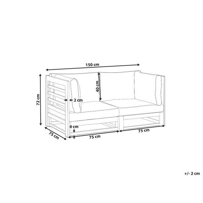 Divano da giardino a 2 posti per esterni in legno certificato di acacia mogano con cuscini tortora moderno elegante esterno