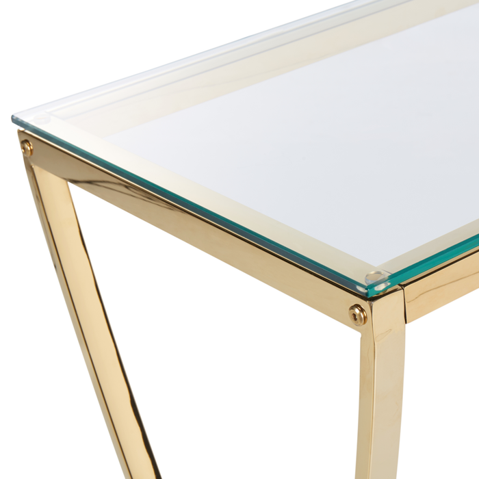 Tavolo consolle con piano in vetro oro lucido e struttura in acciaio inox stile glamour soggiorno