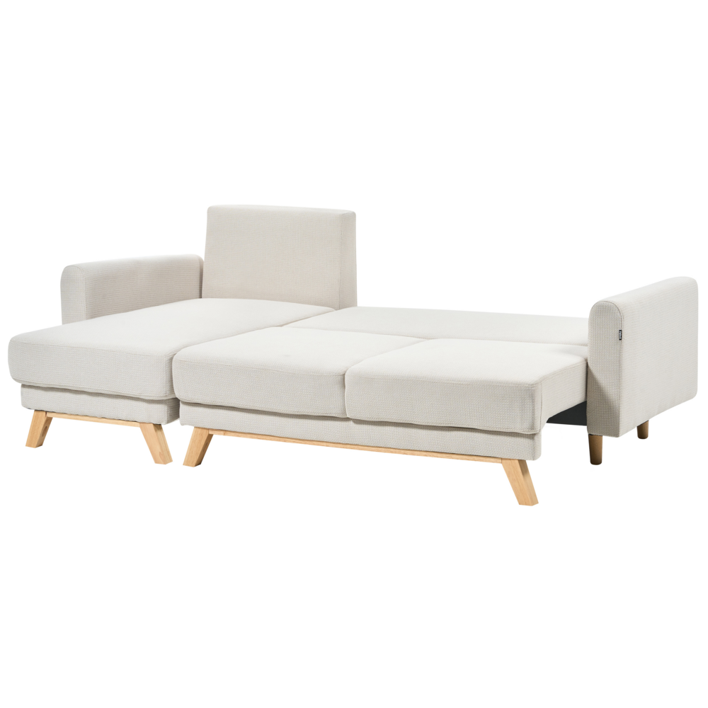 Divano angolare 3 posti destro imbottito in tessuto beige con funzione di dormiente e schienale imbottito estraibile Gambe in legno