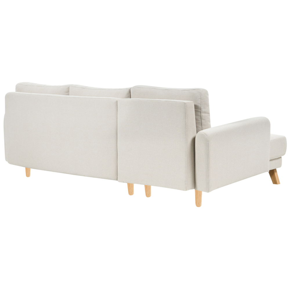 Divano angolare 3 posti destro imbottito in tessuto beige con funzione di dormiente e schienale imbottito estraibile Gambe in legno