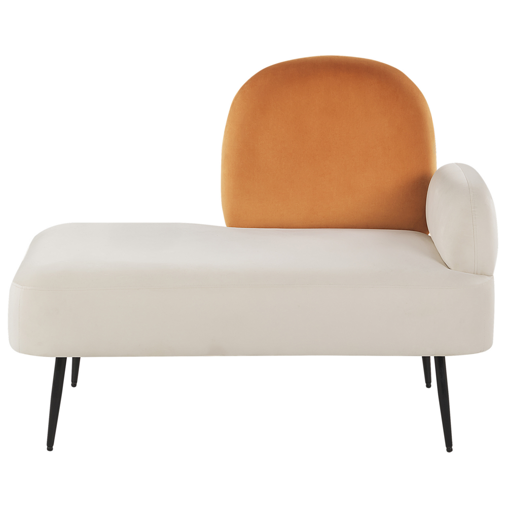 Chaise Lounge in velluto bianco e arancione lato destro soggiorno camera da letto dal design minimalista