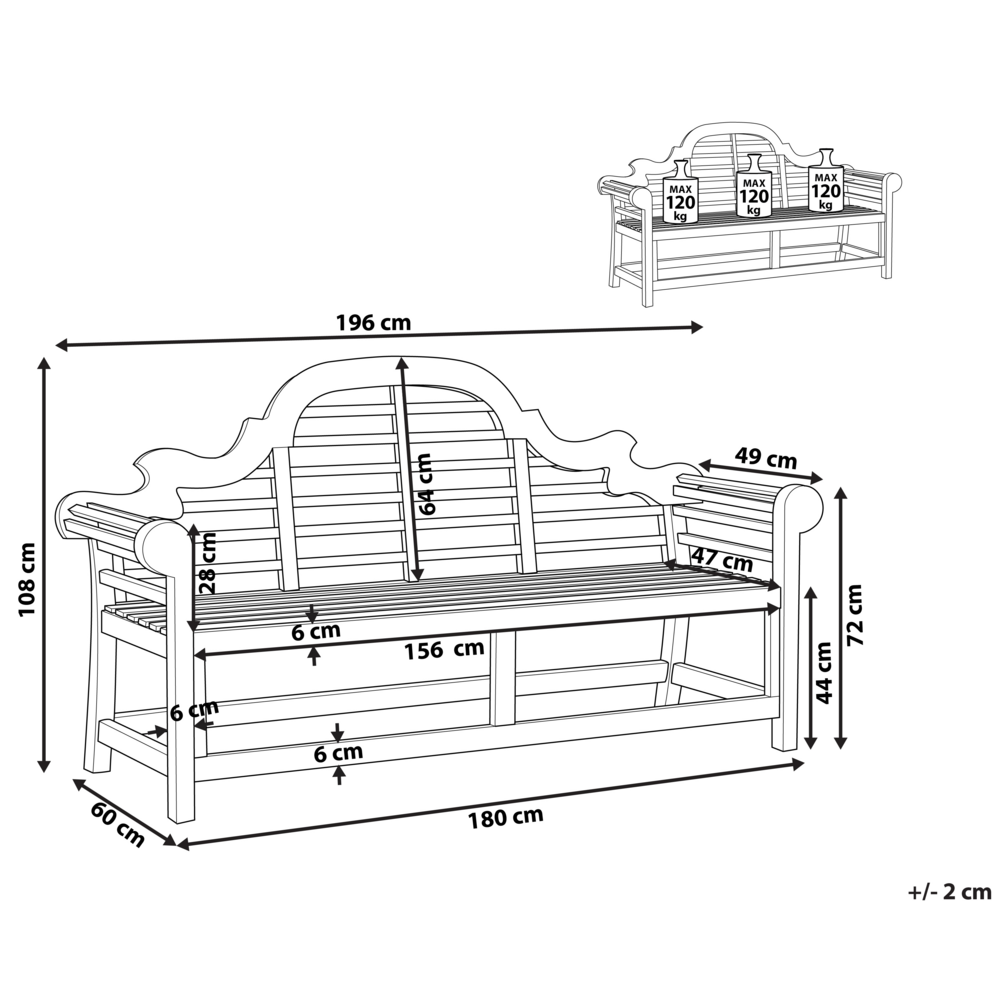 Panchina da giardino in legno di acacia chiaro 196 cm resistente all'acqua Design classico per 3 persone da esterno