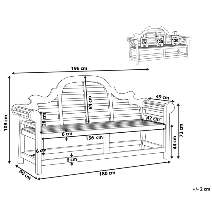 Panchina da giardino in legno di acacia chiaro 196 cm resistente all'acqua Design classico per 3 persone da esterno