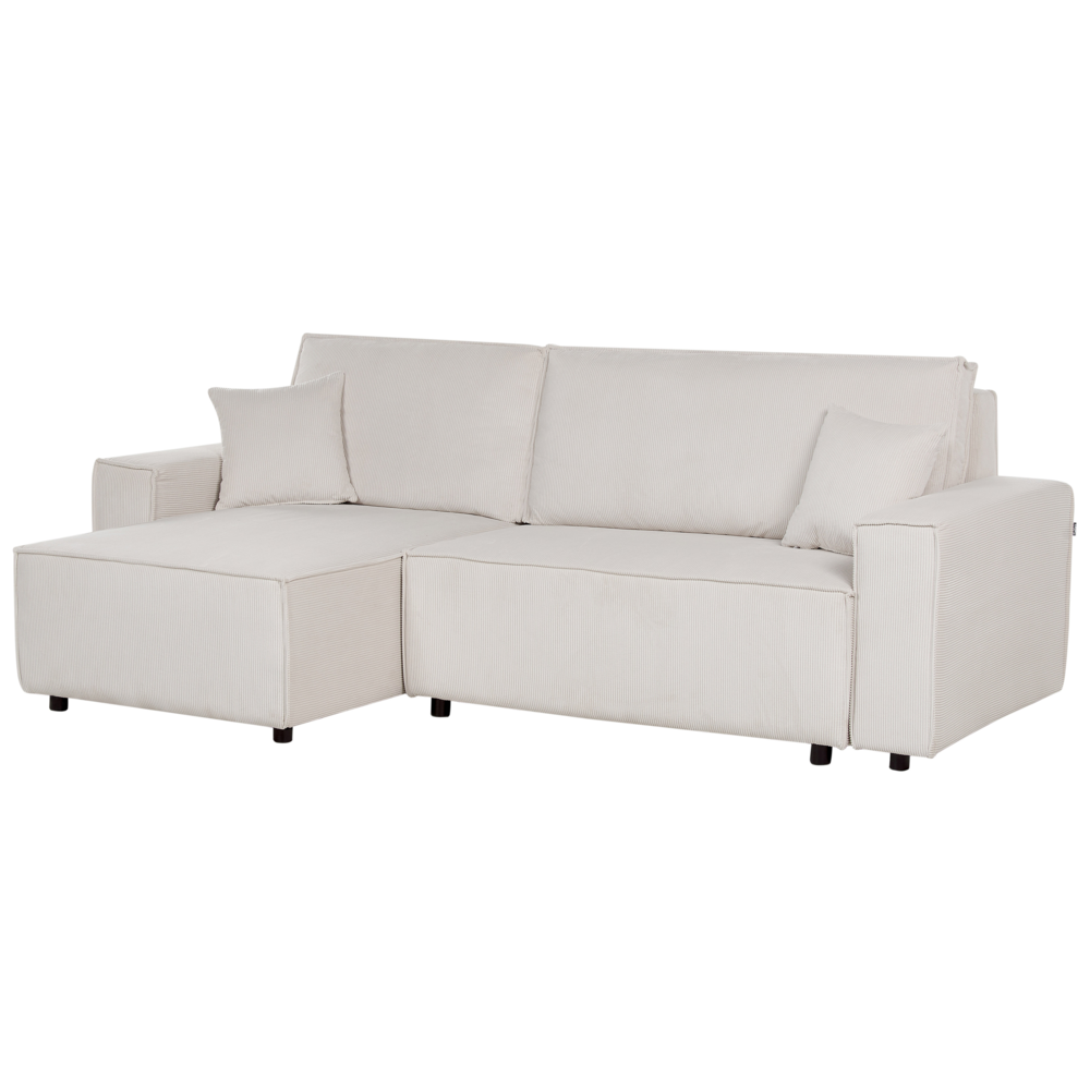 Divano angolare destro imbottito in velluto a coste bianco sporco con funzione di dormiente e schienale imbottito estraibile