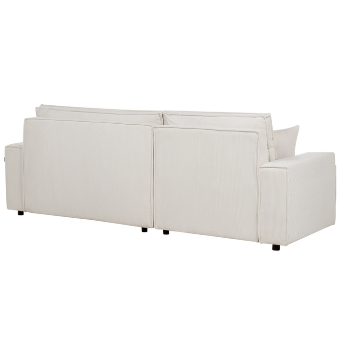 Divano angolare destro imbottito in velluto a coste bianco sporco con funzione di dormiente e schienale imbottito estraibile