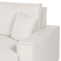 Divano angolare destro imbottito in velluto a coste bianco sporco con funzione di dormiente e schienale imbottito estraibile