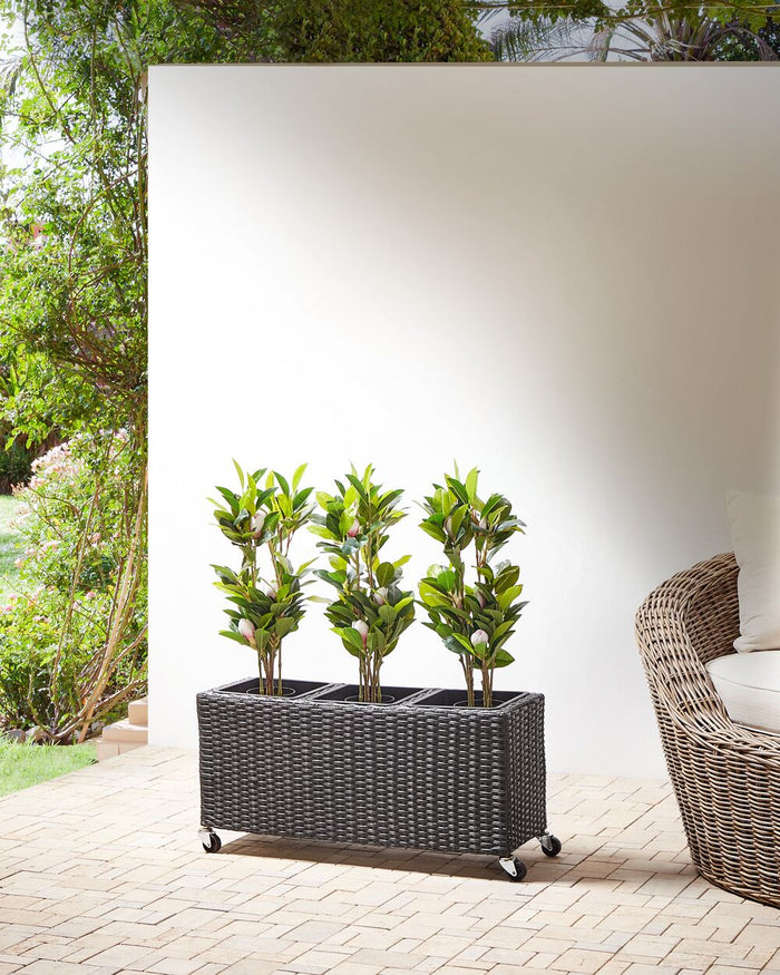 Vaso per piante su ruote in finto PE Rattan nero con 3 inserti interni ed esterni