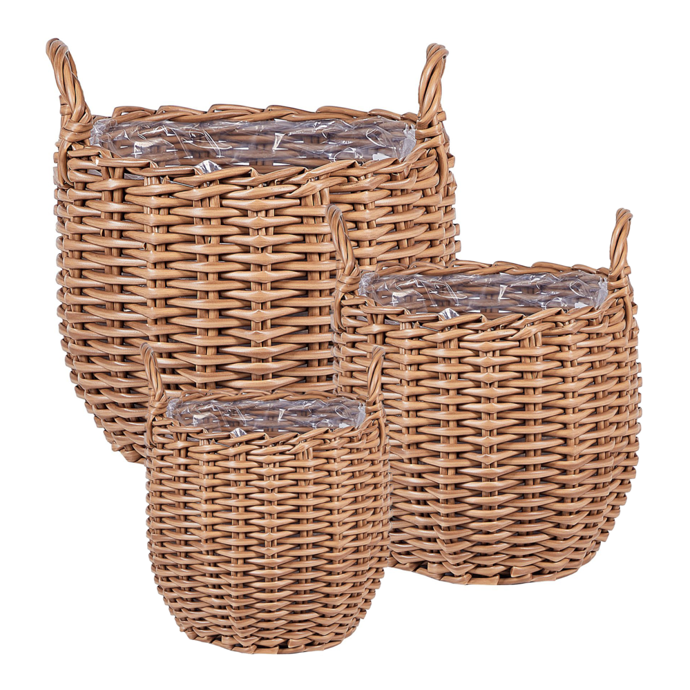 Set di 3 cesti per piante in PE Rattan marrone con manici Intarsio sintetico