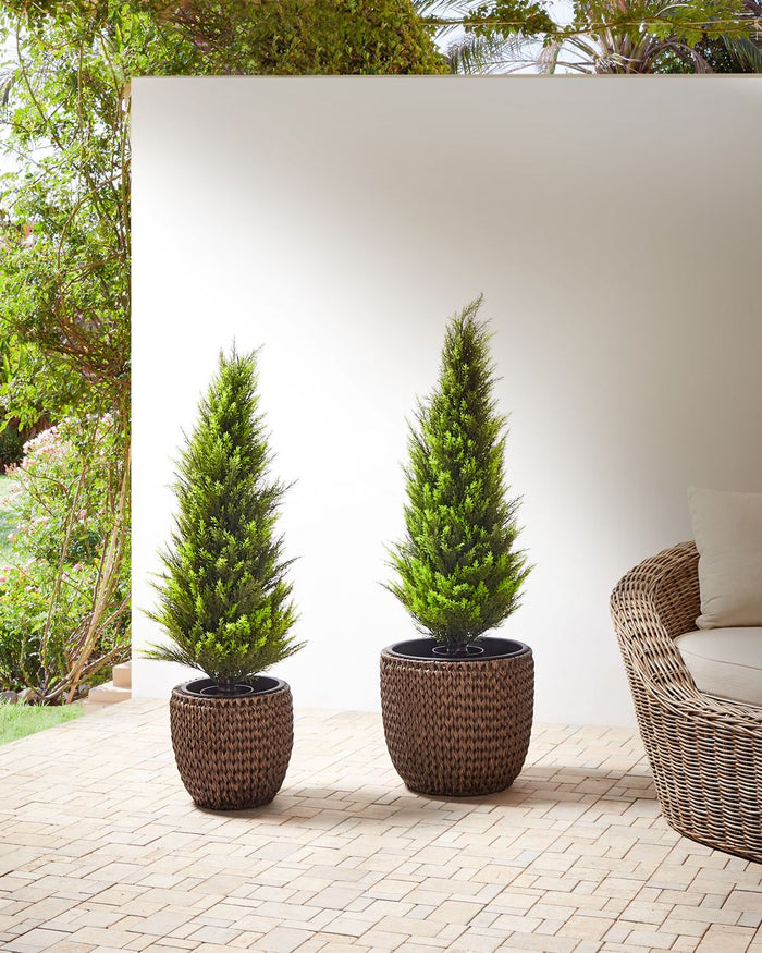 Set di 2 vasi per piante marrone PE Rattan rotondo per interni e per esterni con inserto in plastica