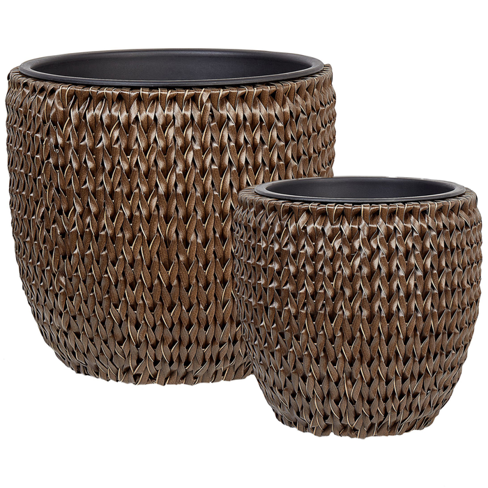 Set di 2 vasi per piante marrone PE Rattan rotondo per interni e per esterni con inserto in plastica
