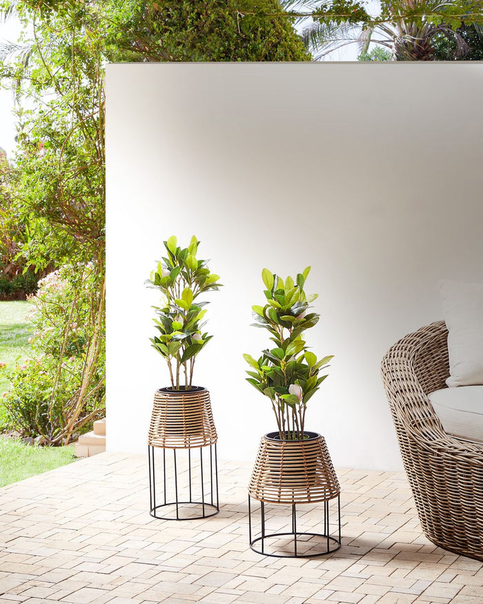 Set di 2 portavasi per piante marrone PE Rattan rotondo per interni e per esterni con inserto in plastica