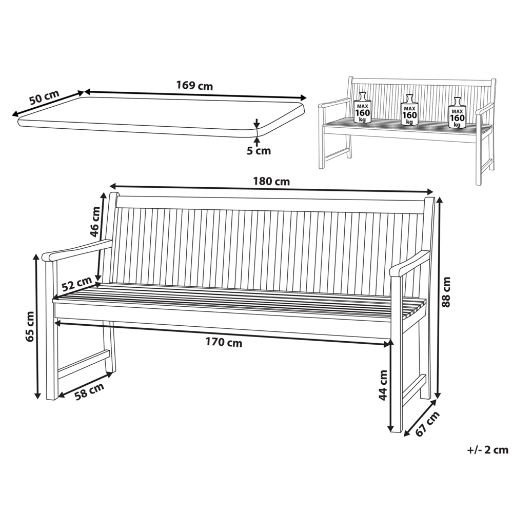 Panca da giardino 3 posti con doghe classiche certificate in legno d'acacia e cuscino rosso mattone 180 cm design elegante impermeabile