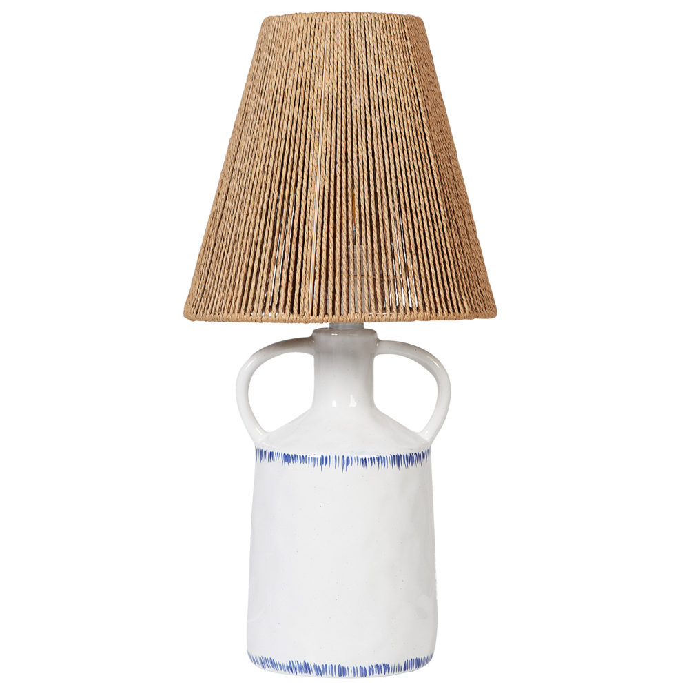 Lampada da tavolo in ceramica con paralume in vimini naturale e carta a cono bianca stile boho soggiorno camera da letto
