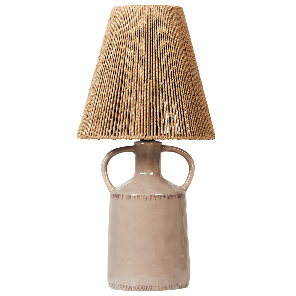 Lampada da tavolo in ceramica tortora con paralume in vimini naturale e carta a cono stile boho soggiorno camera da letto