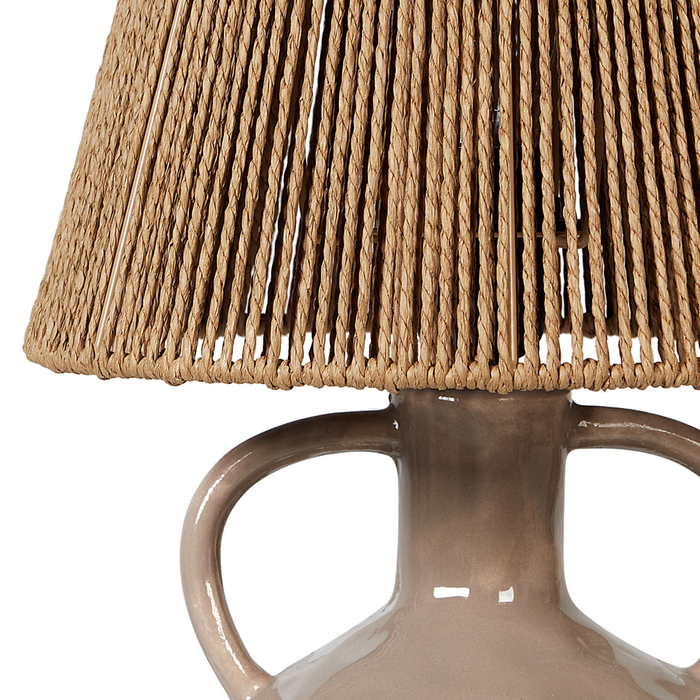 Lampada da tavolo in ceramica tortora con paralume in vimini naturale e carta a cono stile boho soggiorno camera da letto