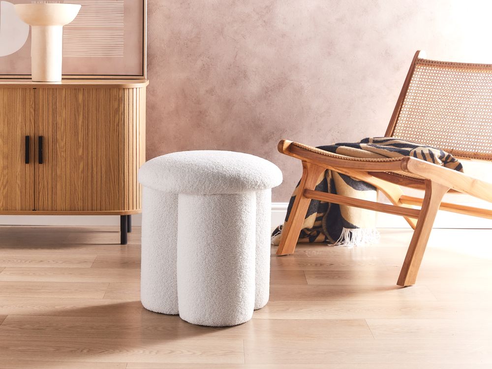 Pouf Bianco Boucle Rotondo 40 x 40 x 45 cm Poggiapiedi Tappezzeria Fungo A Forma di Soggiorno Moderno Mobili Camera Da Letto