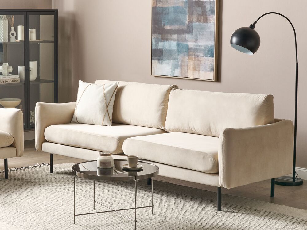 Divano moderno in velluto beige chiaro a 3 posti con Gambe nere Stile Retrò Moderno