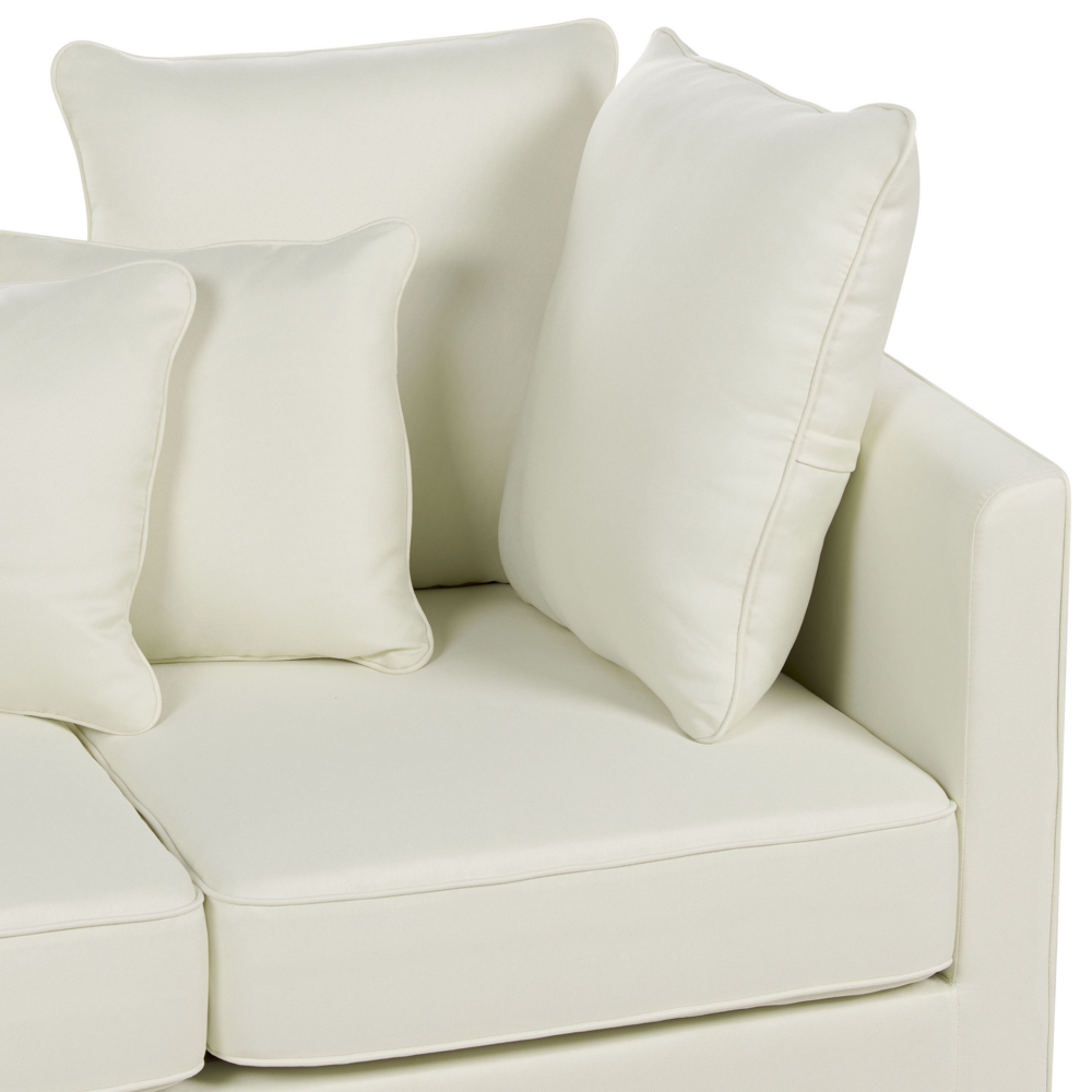 Divano 3 posti imbottito in velluto bianco sporco con sedile e schienale imbottiti con gambe in legno