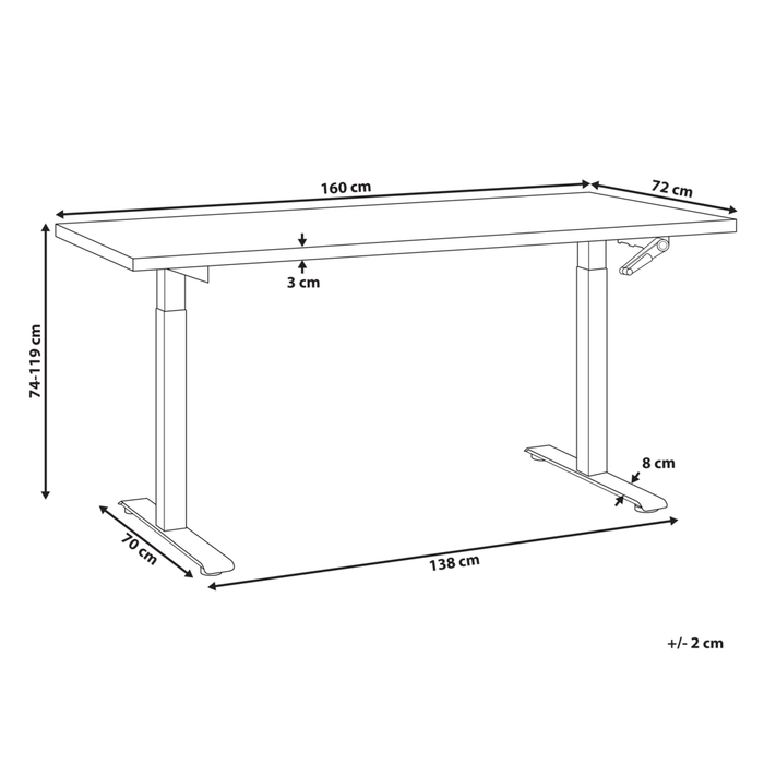 Scrivania regolabile manualmente in altezza Piano del tavolo nero Telaio in acciaio bianco 160 x 72 cm Piedi quadrati Design moderno Ufficio