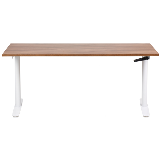 Scrivania regolabile manualmente piano in legno scuro e bianco struttura in acciaio verniciato a polvere sedersi e stare in piedi 160 x 72 cm