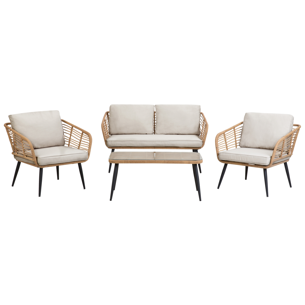 Balcone set bistrot Beige Rattan sintetico Cuscini Tavolino e 2 Sedie Design Esterno Moderno