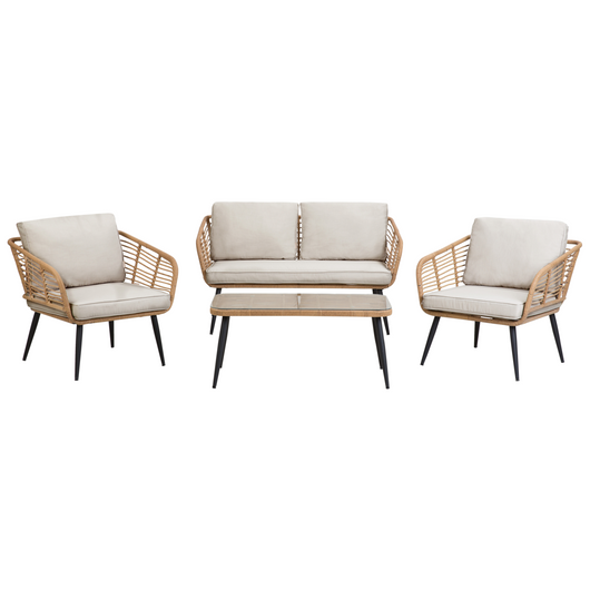 Balcone set bistrot Beige Rattan sintetico Cuscini Tavolino e 2 Sedie Design Esterno Moderno