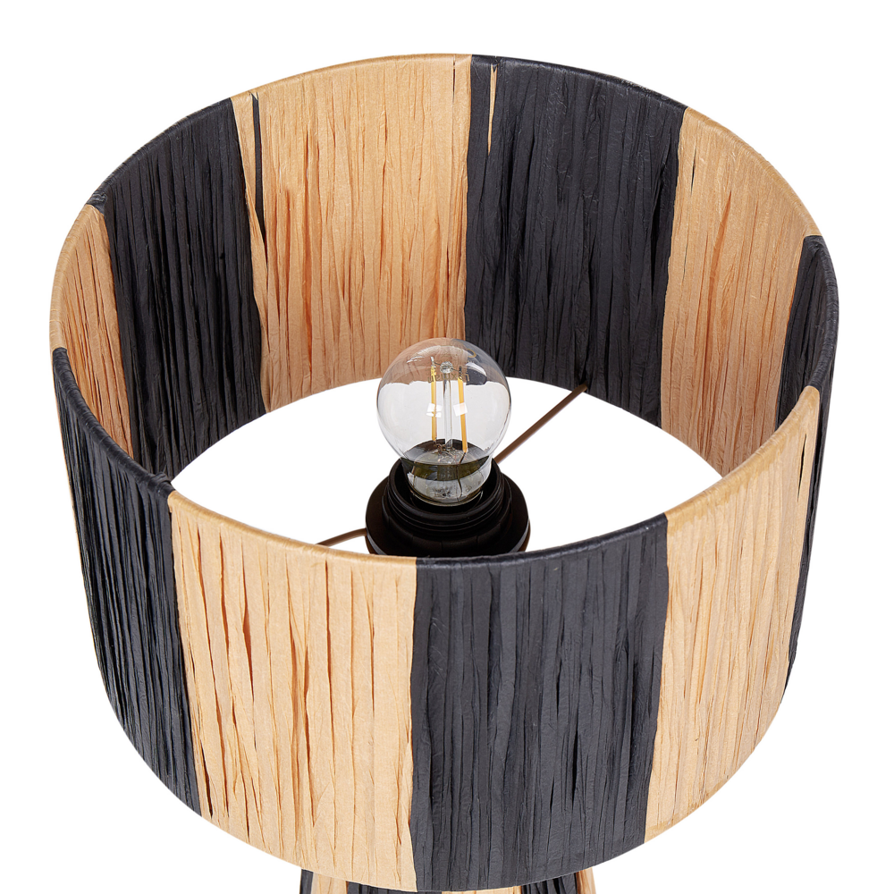 Lampada da tavolo paralume in rafia naturale e nera con foglie di palma, in stile bohémien, fatta a mano