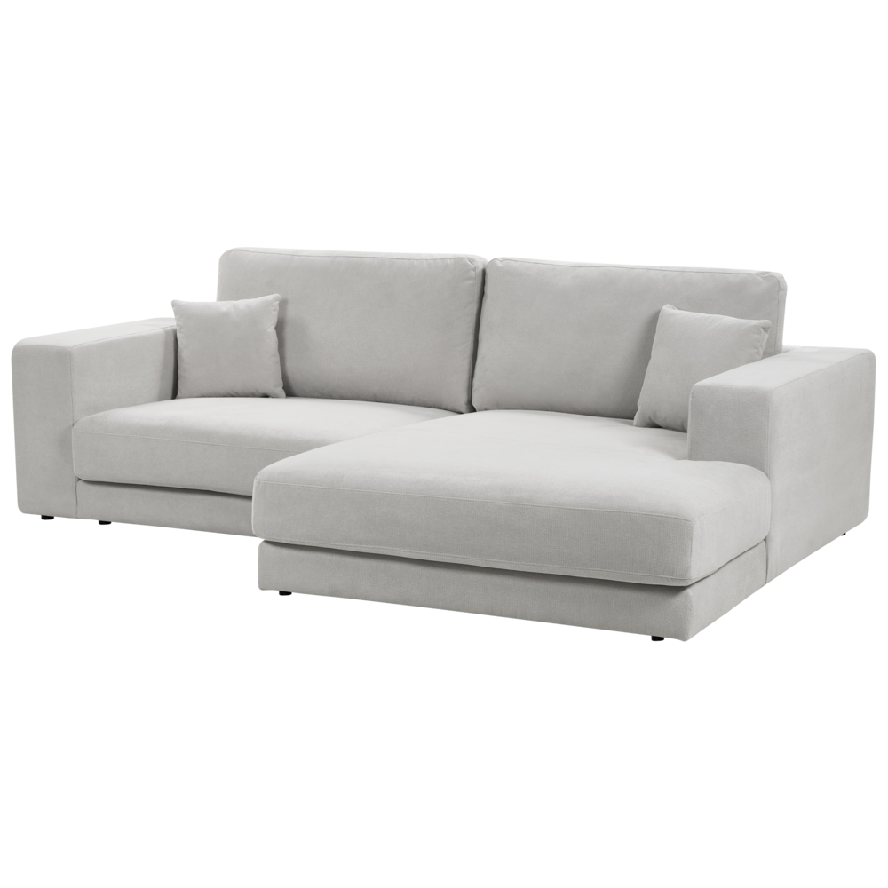 Divano angolare a 3 posti a sinistra Tessuto grigio chiaro Braccioli imbottiti a binario Cuscini aggiuntivi Stile moderno minimalista
