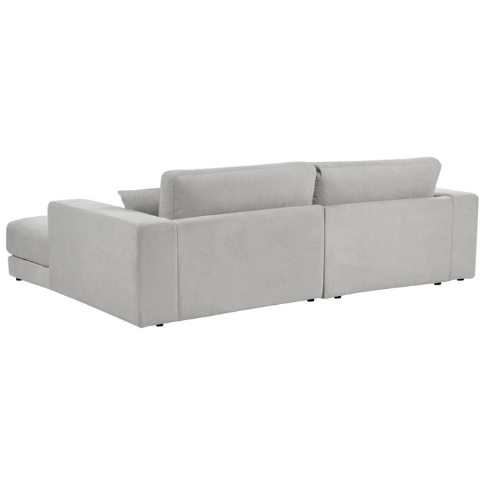 Divano angolare a 3 posti a sinistra Tessuto grigio chiaro Braccioli imbottiti a binario Cuscini aggiuntivi Stile moderno minimalista