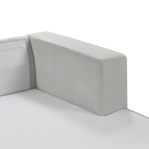 Divano angolare a 3 posti a sinistra Tessuto grigio chiaro Braccioli imbottiti a binario Cuscini aggiuntivi Stile moderno minimalista