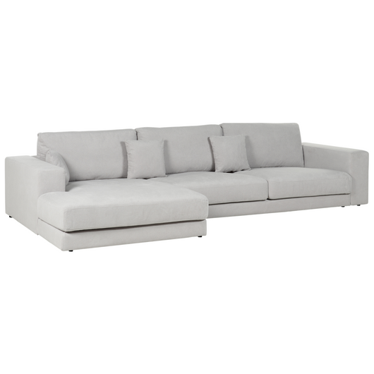 Divano angolare a 4 posti a destra Tessuto grigio chiaro Braccioli imbottiti a binario Cuscini aggiuntivi Stile moderno minimalista
