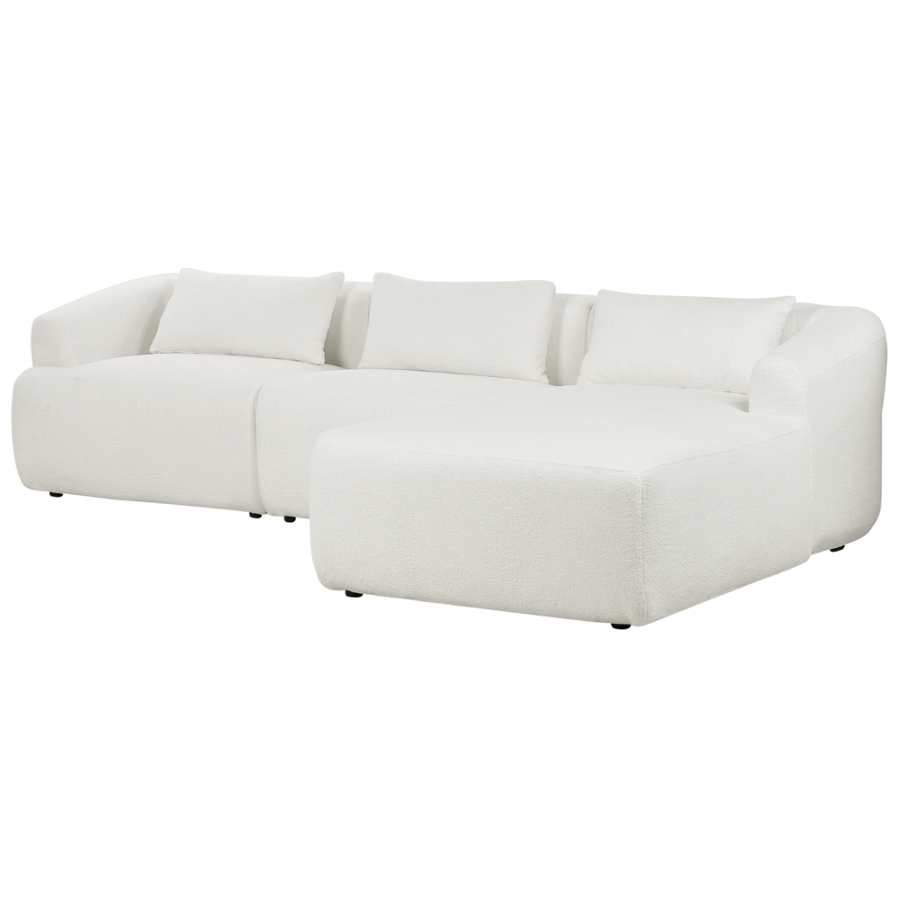 Divano angolare a 3 posti a sinistra Bouclè bianco Braccioli imbottiti a binario Cuscini aggiuntivi Stile moderno minimalista