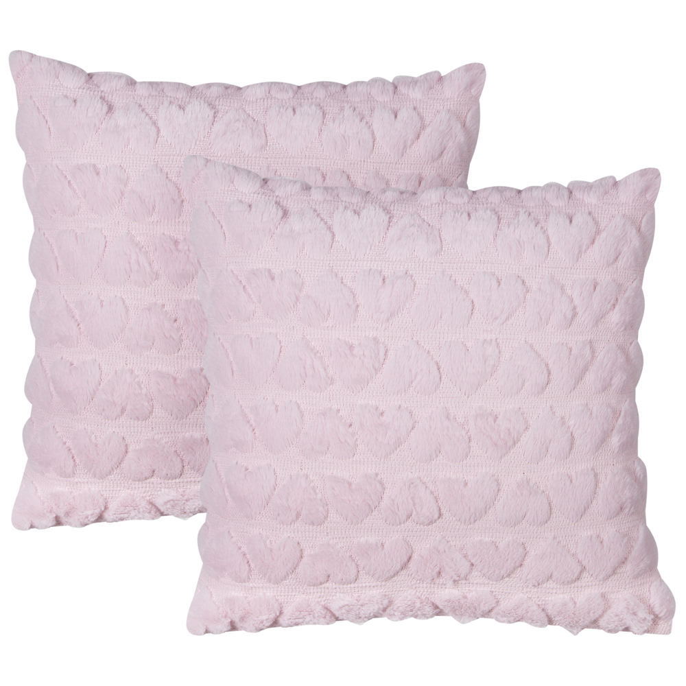 Set di 2 cuscini in tessuto rosa ricamati con motivo a cuoricini 45 x 45 cm morbida imbottitura