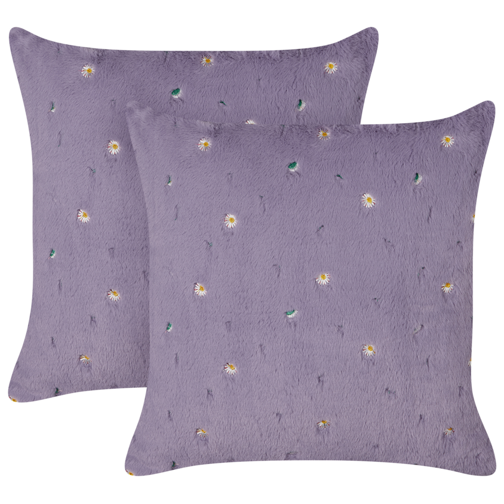 Set di 2 cuscini decorativi in tessuto poliestere shaggy viola con motivo floreale 45 x 45 cm