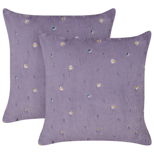 Set di 2 cuscini decorativi in tessuto poliestere shaggy viola con motivo floreale 45 x 45 cm