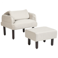 Poltrona reclinabile imbottita in lino beige con gambe in legno e pouf Oland stile retrò tradizionale