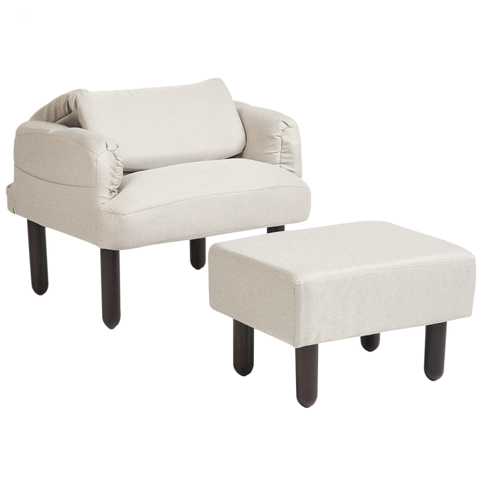 Poltrona reclinabile imbottita in lino beige con gambe in legno e pouf Oland stile retrò tradizionale