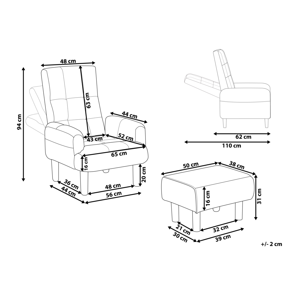 Poltrona reclinabile imbottita in lino beige con gambe in legno e pouf Oland stile retrò tradizionale