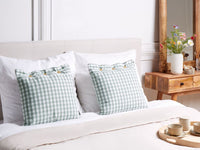 Set di 2 cuscini decorativi verde e bianco con motivo a scacchi quadrato con bottoni 45 x 45 cm soggiorno camera da letto