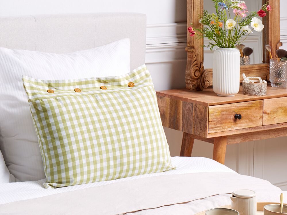 Cuscino decorativo a quadretti verde oliva e bianco con bottoni 40 x 60 cm soggiorno camera da letto
